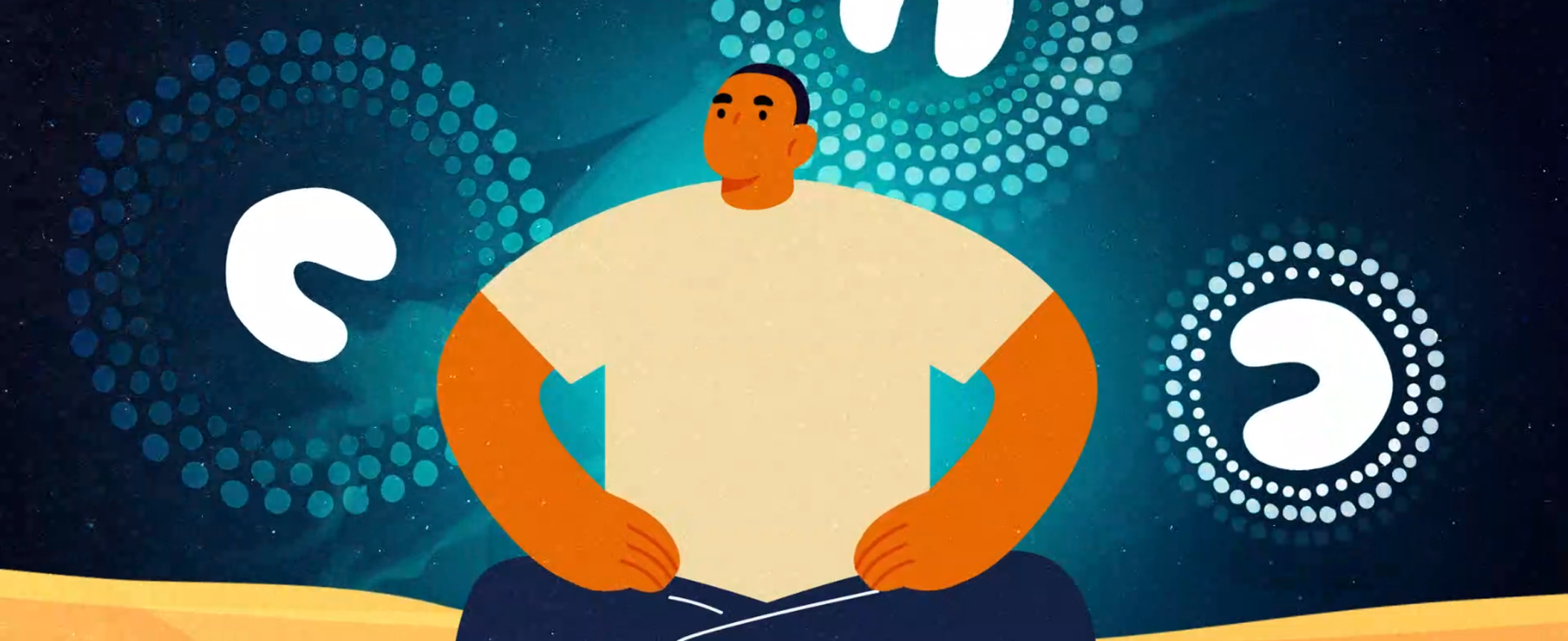 Illustration of a First Nations person sitting cross-legged, surrounded by dotted patterns and Indigenous artwork on a blue background.